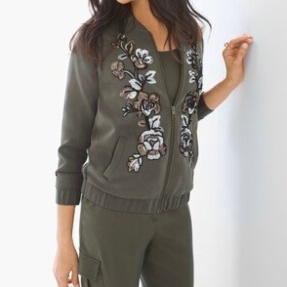 Chicos Collectibles Womens Plus Green Embroidered Bomber Jacket Sequins size XXL - Picture 2 of 16